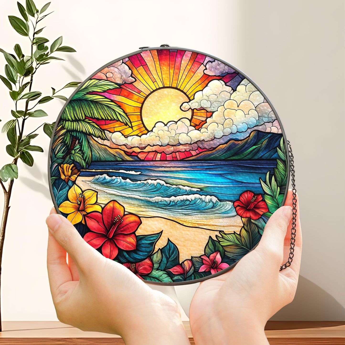 Sunrise On The Beach Stained Glass Suncatcher, Beach Suncatcher, Ocean Sunset Glass Suncatcher, Palm Tree Hibiscus Summer Decor,Coastal Gift
