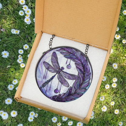 Purple Dragonfly Stained Glass Suncatcher, Dragonfly Moon Suncatcher, Insect Garden Art, Nature-Inspired Glass Panel, Spring Decor Home