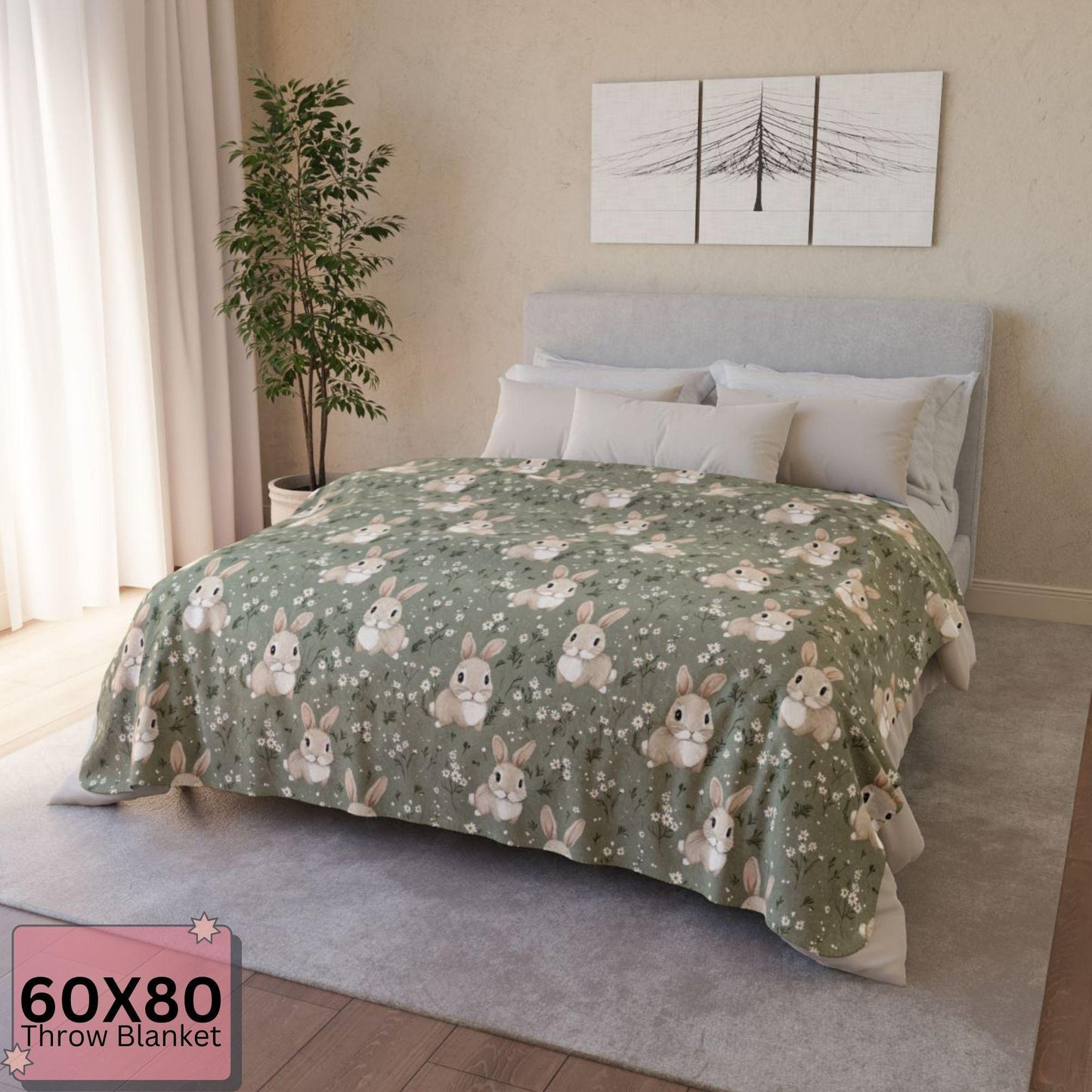Floral Cute Bunny Sherpa Blanket - Soft Floral Throw for Kids & Adults - Cozy Rabbit Blanket - Nursery Decor Gift by Harbor Island Decor