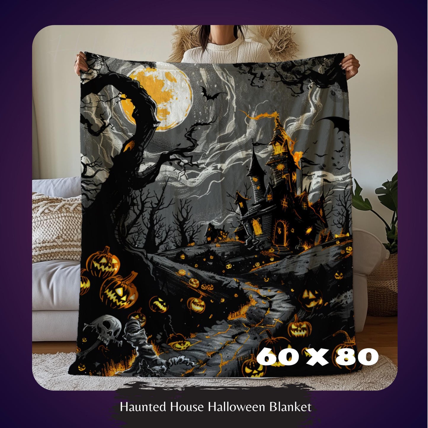 Halloween Blanket, Halloween Witches Salem, Spooky Season Blankets, Dark Academia Blanket, Cozy Fall Pumpkin Blanket by Harbor Island Decor