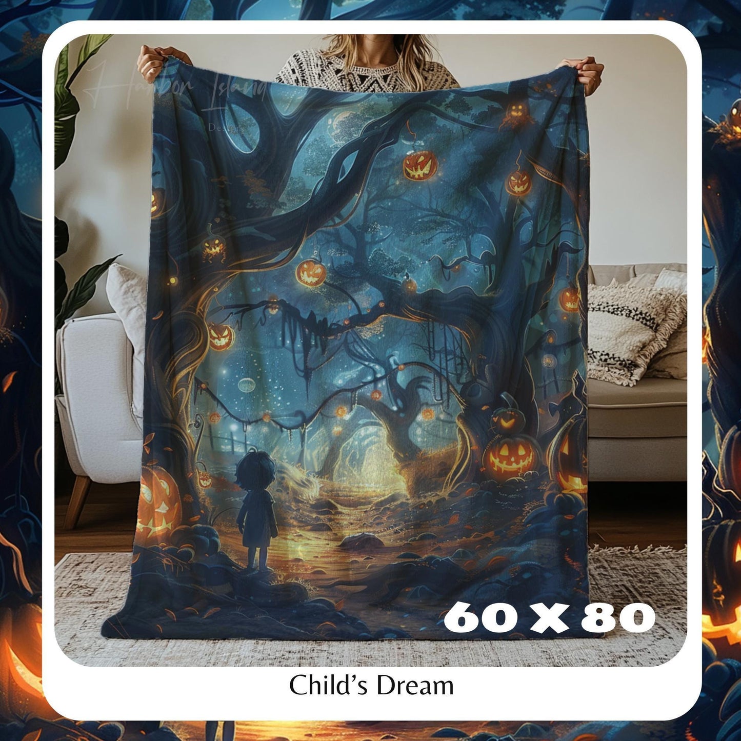 Halloween Blanket Throw Blanket, Halloween Decor, Unique Design, Spooky Season Decor with Glowing Jack-o'-Lanterns