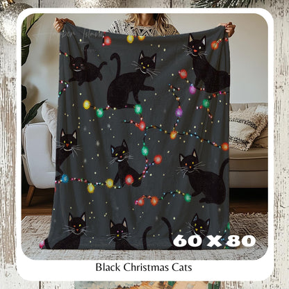Cozy Black Christmas Cat Throw Blanket,  Fleece Bedding with Christmas Lights, Cute Gothic Holiday Decor, HarborIslandDecor