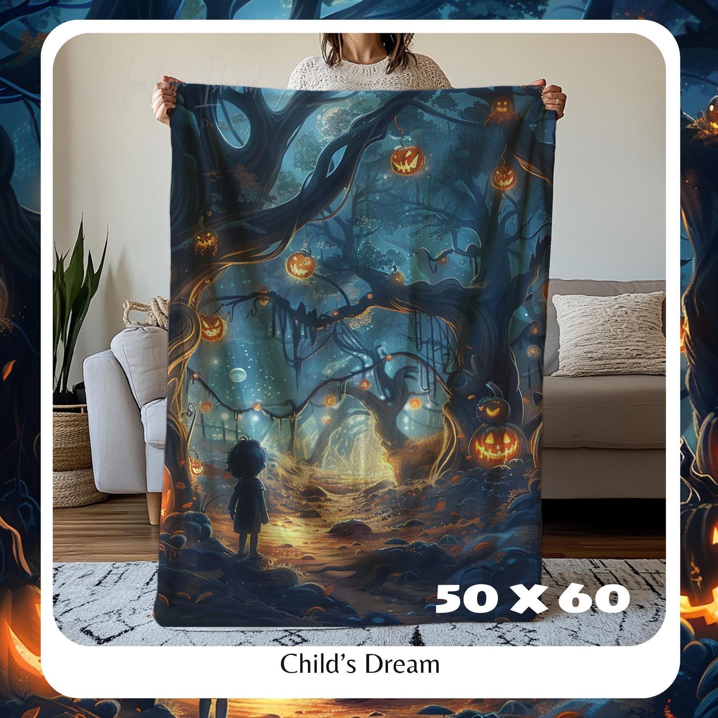 Halloween Blanket Throw Blanket, Halloween Decor, Unique Design, Spooky Season Decor with Glowing Jack-o'-Lanterns