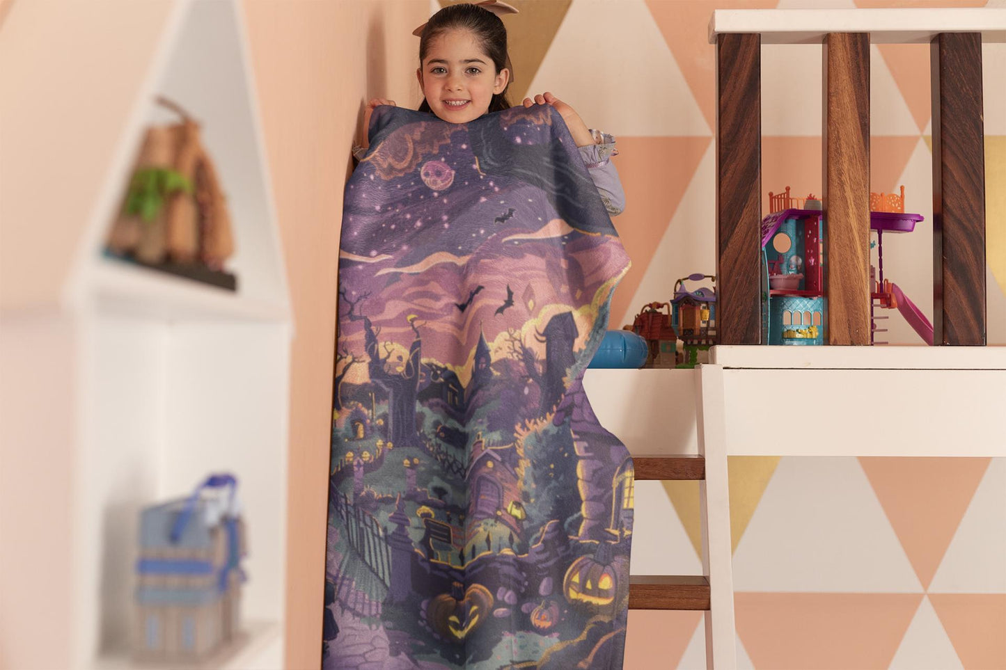 Halloween Village Blanket - Cozy Spooky Night Decor, Whimsical Halloween Throw