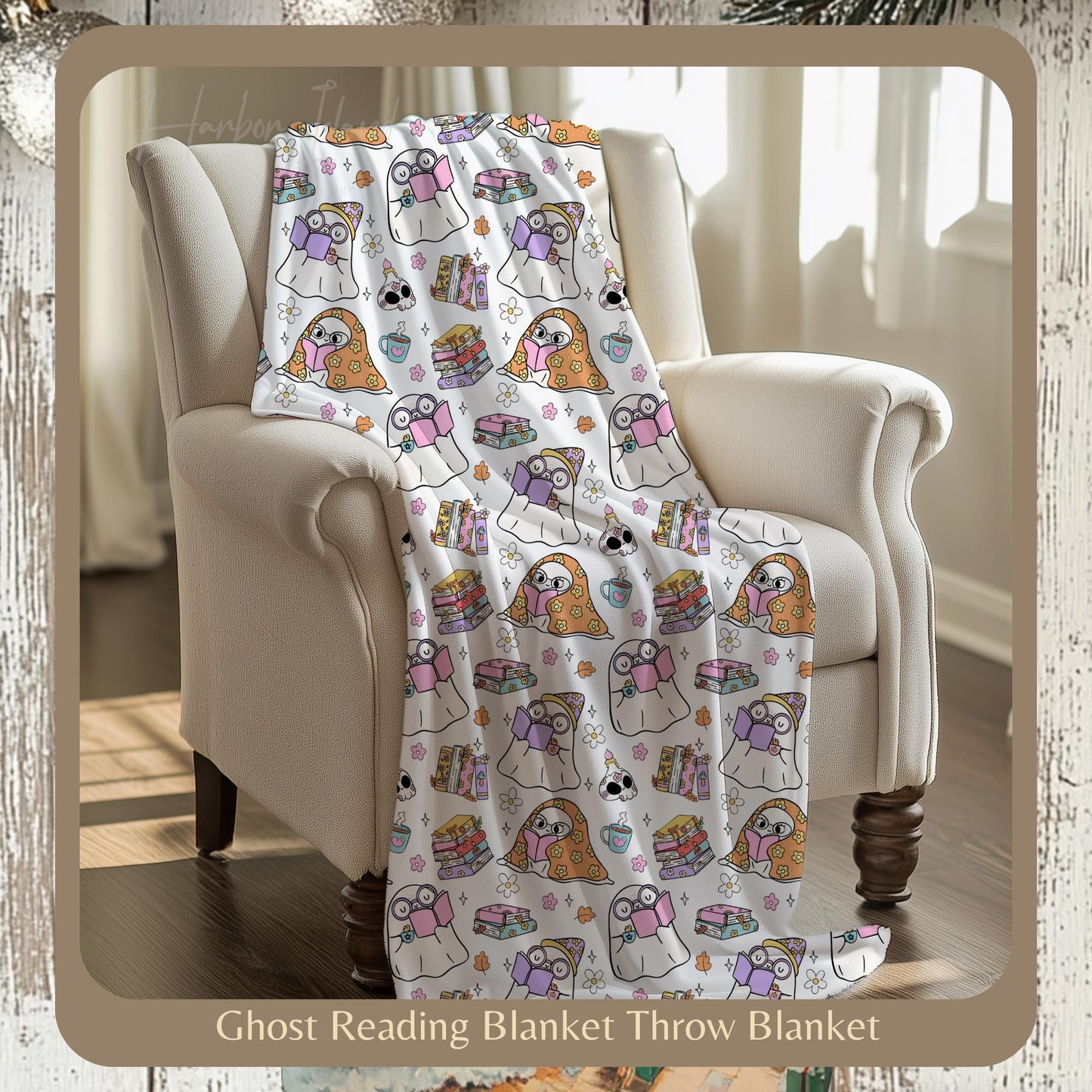 Retro Ghost Reading Books, Halloween Blanket, Cute Ghost Reading, Halloween Boo School, Librarian Halloween Gift by HarborIslandDecor
