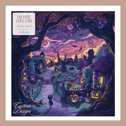 Halloween Village Blanket - Cozy Spooky Night Decor, Whimsical Halloween Throw