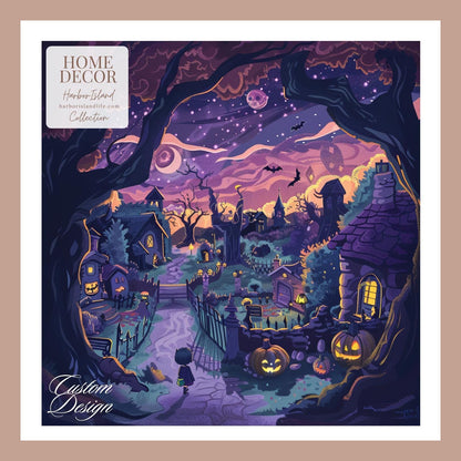 Halloween Village Blanket - Cozy Spooky Night Decor, Whimsical Halloween Throw