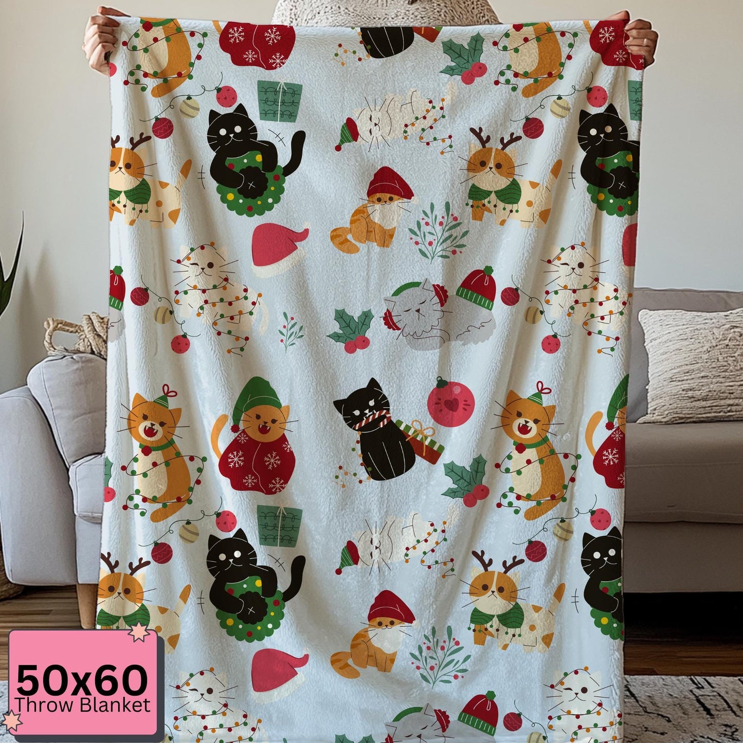 Christmas Cat Blanket for Cat Lovers, Cozy Fuzzy Throw Blanket, Cat Themed Gift, Cat Mom or Dad, Pet Owner Gift by HarborIslandDecor