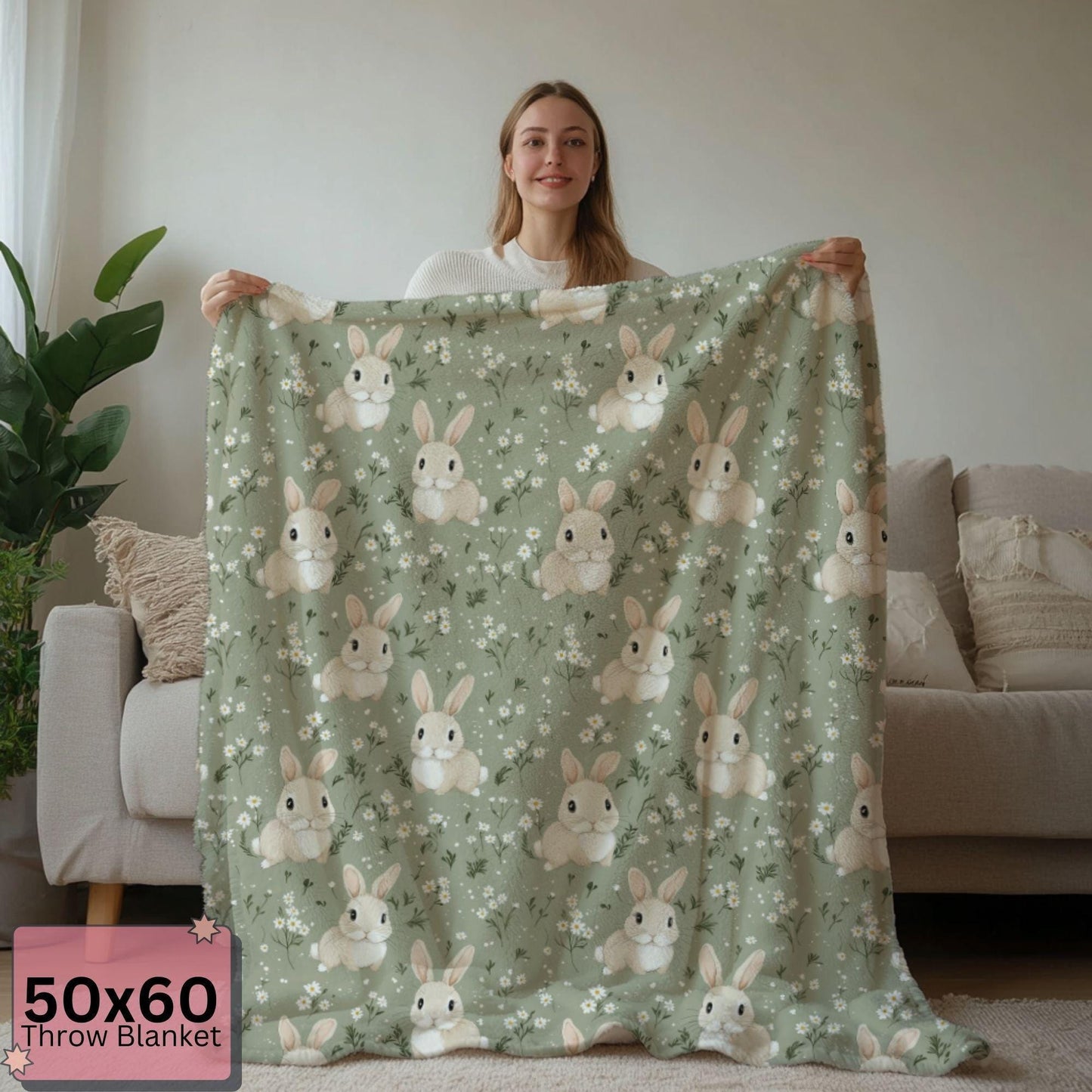 Floral Cute Bunny Sherpa Blanket - Soft Floral Throw for Kids & Adults - Cozy Rabbit Blanket - Nursery Decor Gift by Harbor Island Decor