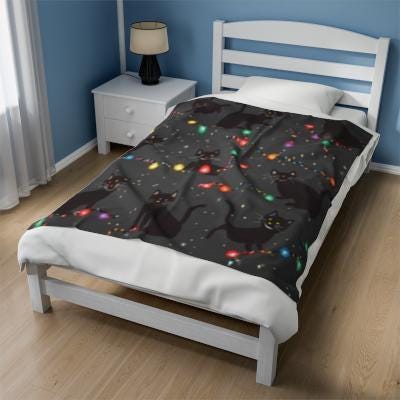 Cozy Black Christmas Cat Throw Blanket,  Fleece Bedding with Christmas Lights, Cute Gothic Holiday Decor, HarborIslandDecor