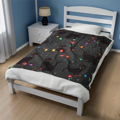 Cozy Black Christmas Cat Throw Blanket,  Fleece Bedding with Christmas Lights, Cute Gothic Holiday Decor, HarborIslandDecor