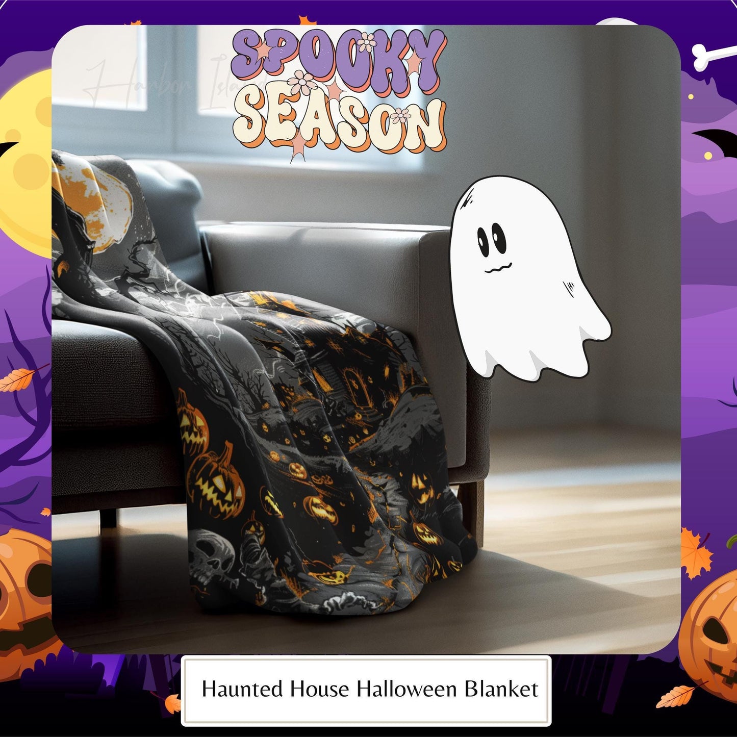 Halloween Blanket, Halloween Witches Salem, Spooky Season Blankets, Dark Academia Blanket, Cozy Fall Pumpkin Blanket by Harbor Island Decor