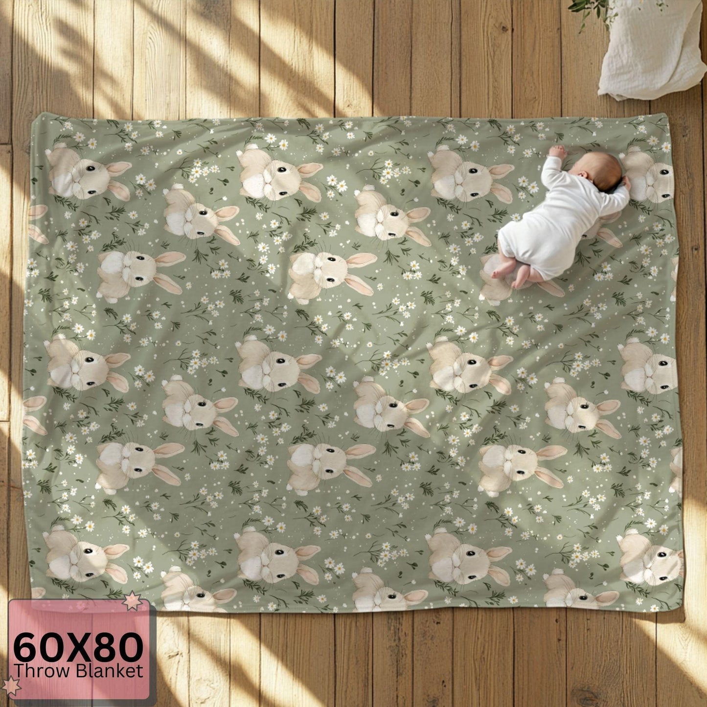 Floral Cute Bunny Sherpa Blanket - Soft Floral Throw for Kids & Adults - Cozy Rabbit Blanket - Nursery Decor Gift by Harbor Island Decor