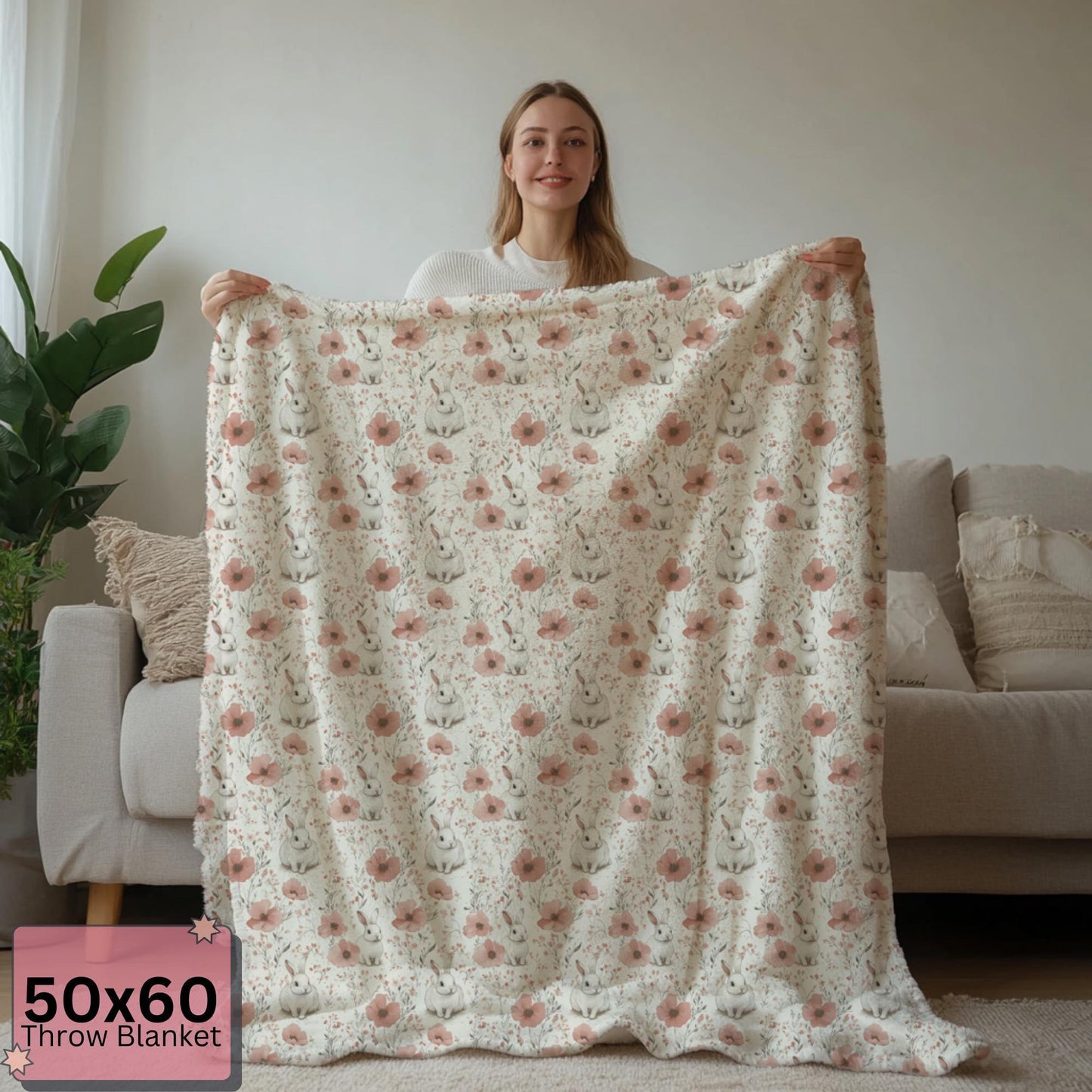 Bunny Floral Sherpa Blanket - Soft Cozy Throw for Kids & Adults - Nursery Decor - Cute Rabbit Blanket Gift by Harbor Island Decor