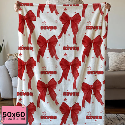 Personalized Blanket - Velveteen Custom Name Throw - Red Coquette Bow Blanket -  by Harbor Island Decor