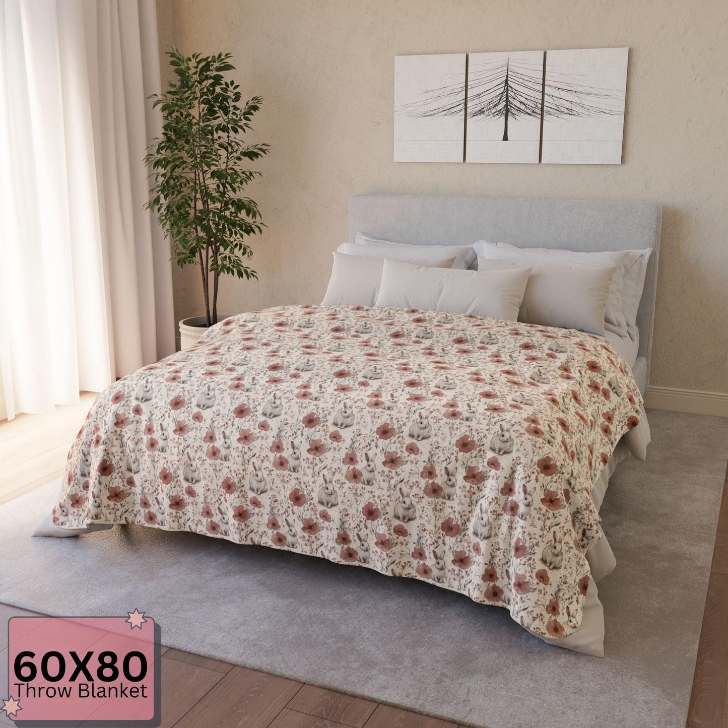 Bunny Floral Sherpa Blanket - Soft Cozy Throw for Kids & Adults - Nursery Decor - Cute Rabbit Blanket Gift by Harbor Island Decor