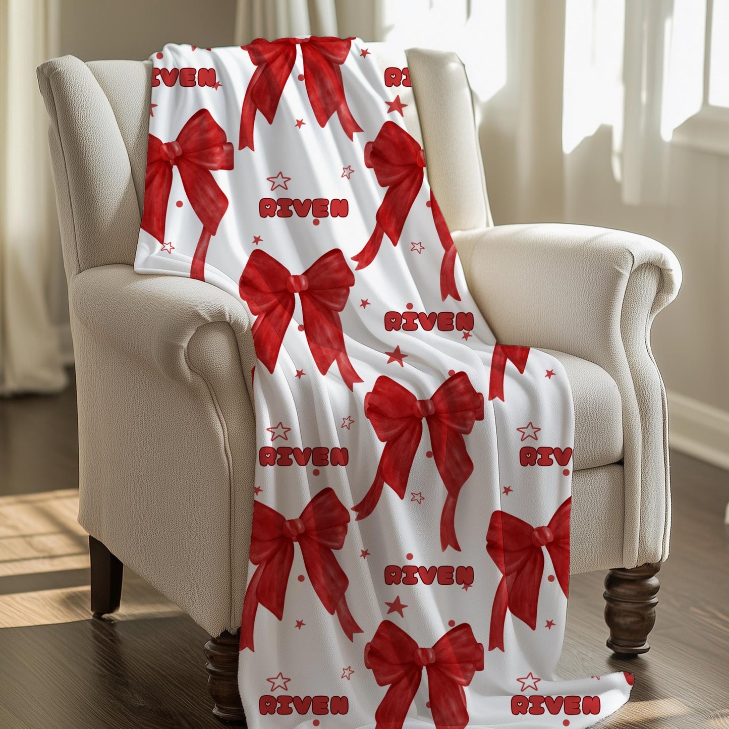 Personalized Blanket - Velveteen Custom Name Throw - Red Coquette Bow Blanket -  by Harbor Island Decor