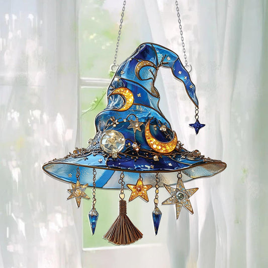 Witch Hat Acrylic Window Hanging, Blue Moon and Stars Hanging Window Decor, Halloween Witchy Ornament, Fantasy Celestial Gothic Home Gift