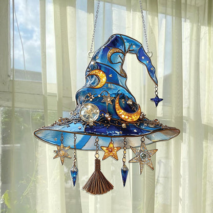 Witch Hat Acrylic Window Hanging, Blue Moon and Stars Hanging Window Decor, Halloween Witchy Ornament, Fantasy Celestial Gothic Home Gift