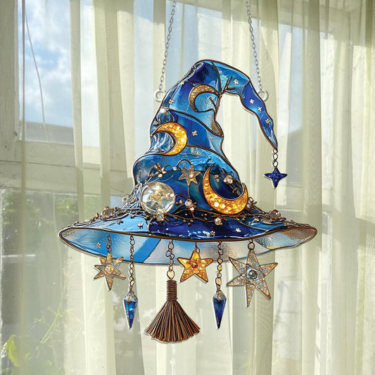 Witch Hat Acrylic Window Hanging, Blue Moon and Stars Hanging Window Decor, Halloween Witchy Ornament, Fantasy Celestial Gothic Home Gift