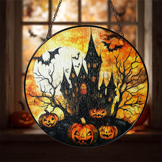 Halloween Haunted House Glass Suncatcher, Round Stained Glass Window Hanging, Pumpkin Bat Spooky Decor, Fall Gothic Home Accent