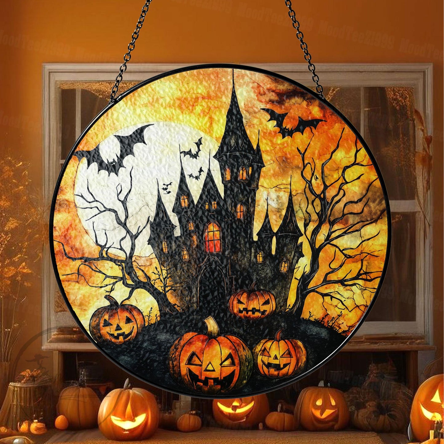 Halloween Haunted House Glass Suncatcher, Round Stained Glass Window Hanging, Pumpkin Bat Spooky Decor, Fall Gothic Home Accent