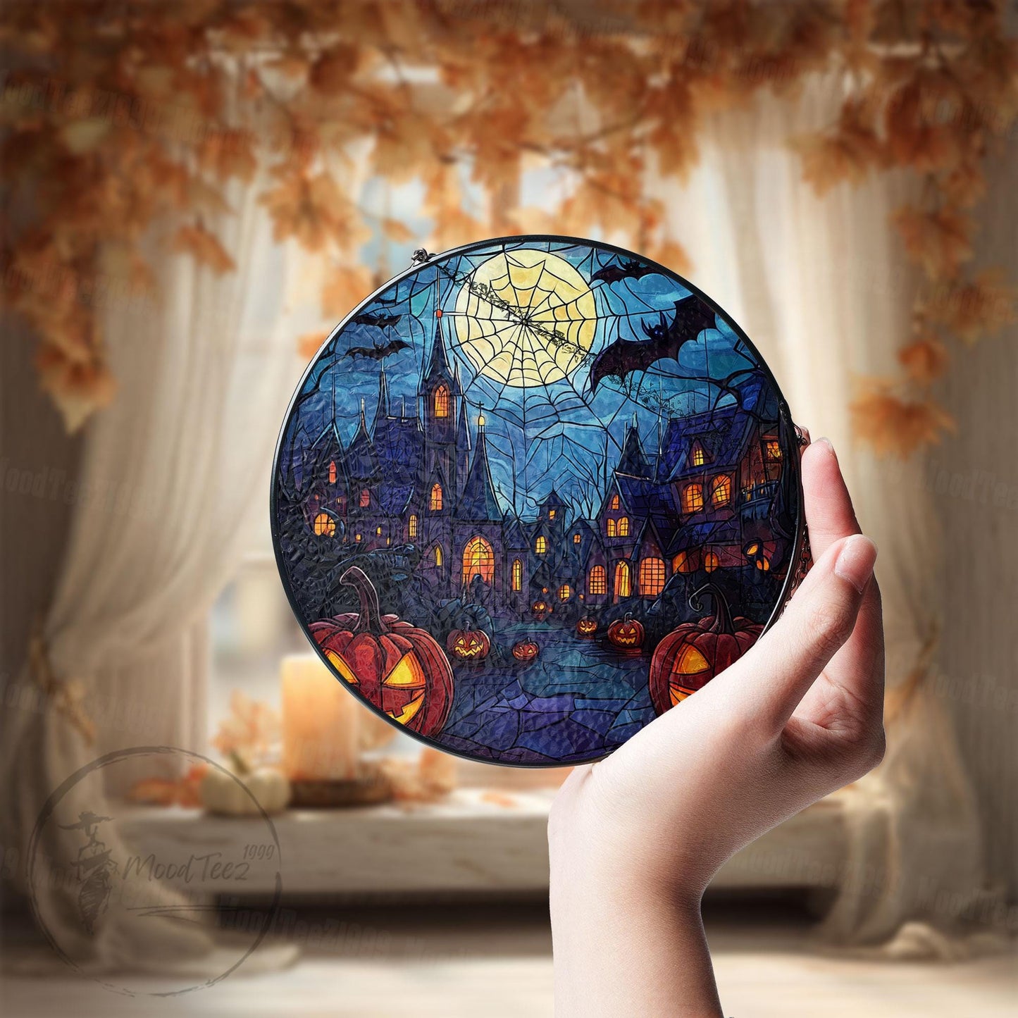 Haunted House Stained Glass Suncatcher, Halloween Window Art, Halloween Spooky Art, Spooky Pumpkin Decor, Window Hanging