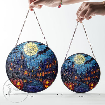 Haunted House Stained Glass Suncatcher, Halloween Window Art, Halloween Spooky Art, Spooky Pumpkin Decor, Window Hanging