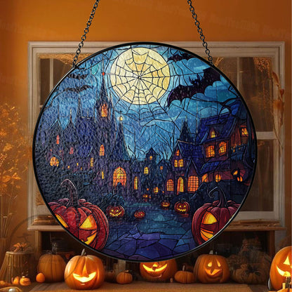 Haunted House Stained Glass Suncatcher, Halloween Window Art, Halloween Spooky Art, Spooky Pumpkin Decor, Window Hanging