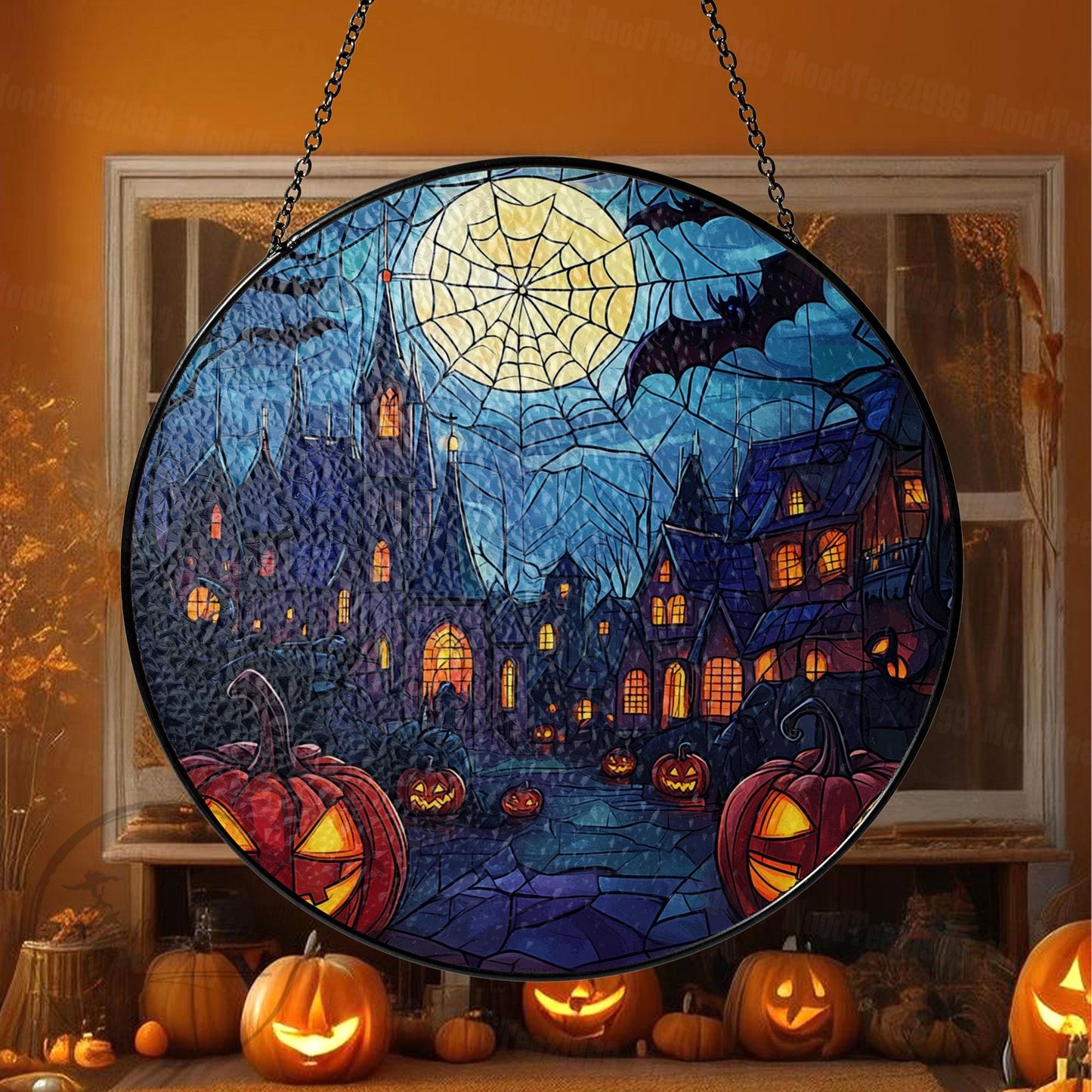 Haunted House Stained Glass Suncatcher, Halloween Window Art, Halloween Spooky Art, Spooky Pumpkin Decor, Window Hanging