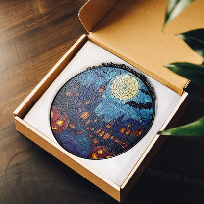 Haunted House Stained Glass Suncatcher, Halloween Window Art, Halloween Spooky Art, Spooky Pumpkin Decor, Window Hanging