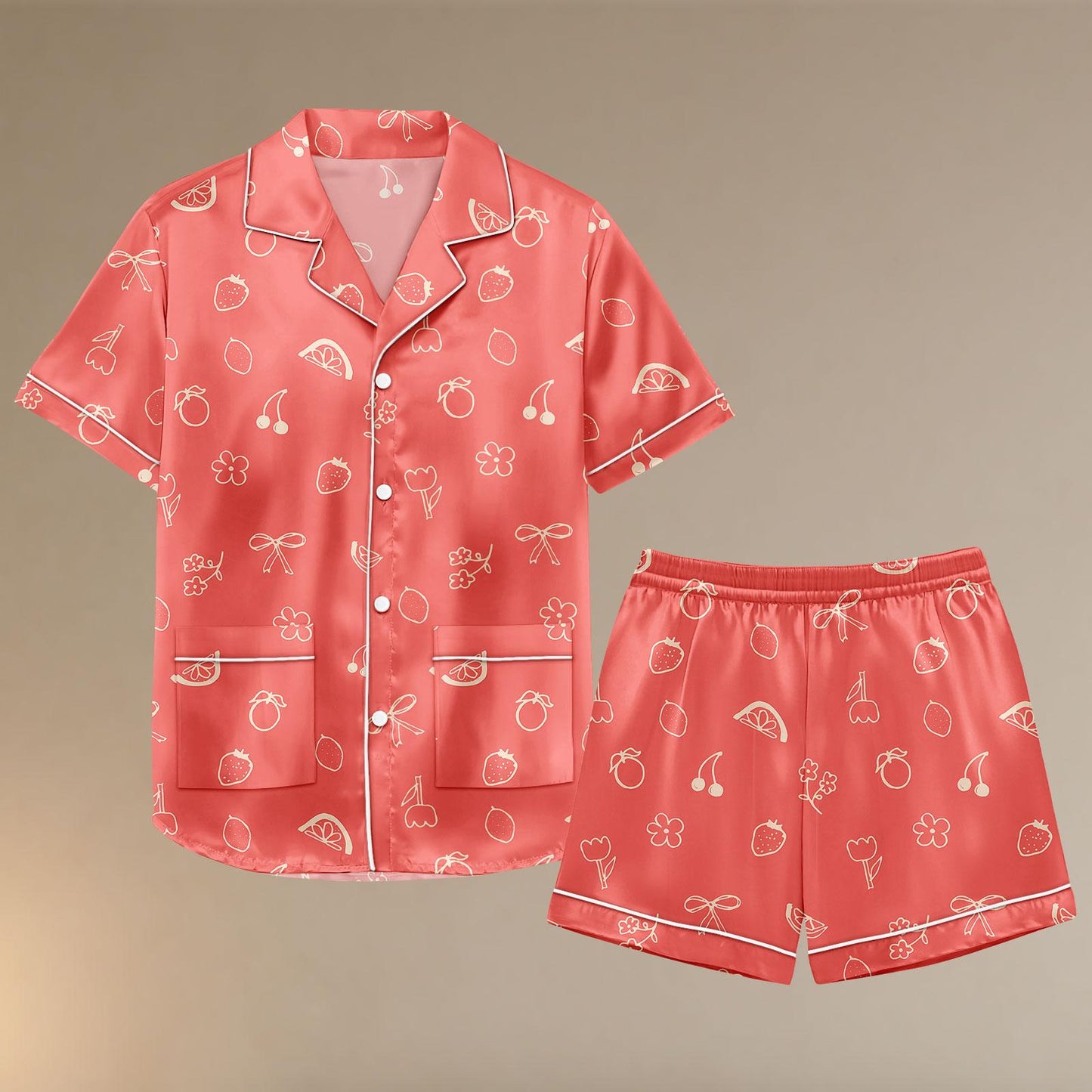 Strawberry Fruit Satin Pajama Set, Coral Summer Sleepwear for Women, Cute Fruit Print Matching Loungewear PJs
