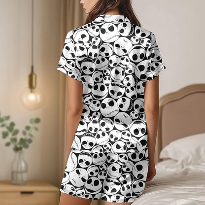 Jack Skellington Satin Pajama Set, Halloween Cartoon Sleepwear, Nightmare Before Christmas Costume PJs for Women Men