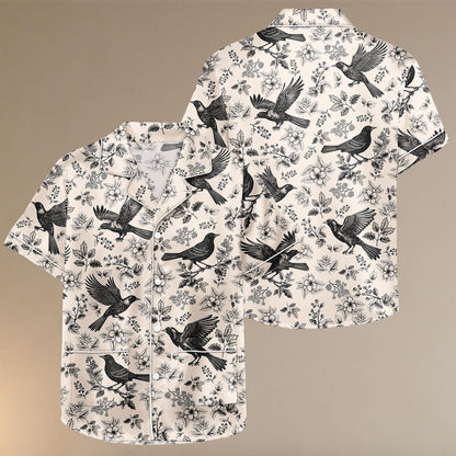 Bird Satin Pajama Set, Beige Floral Sleepwear, Elegant Birds and Flowers Summer Pajamas, Soft Lounge Set for Women