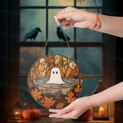 Cute Ghost in Fountain Stained Glass Suncatcher, Round Halloween Window Hanging, Autumn Leaves Fall Decor, Spooky Yet Cozy Gift Idea