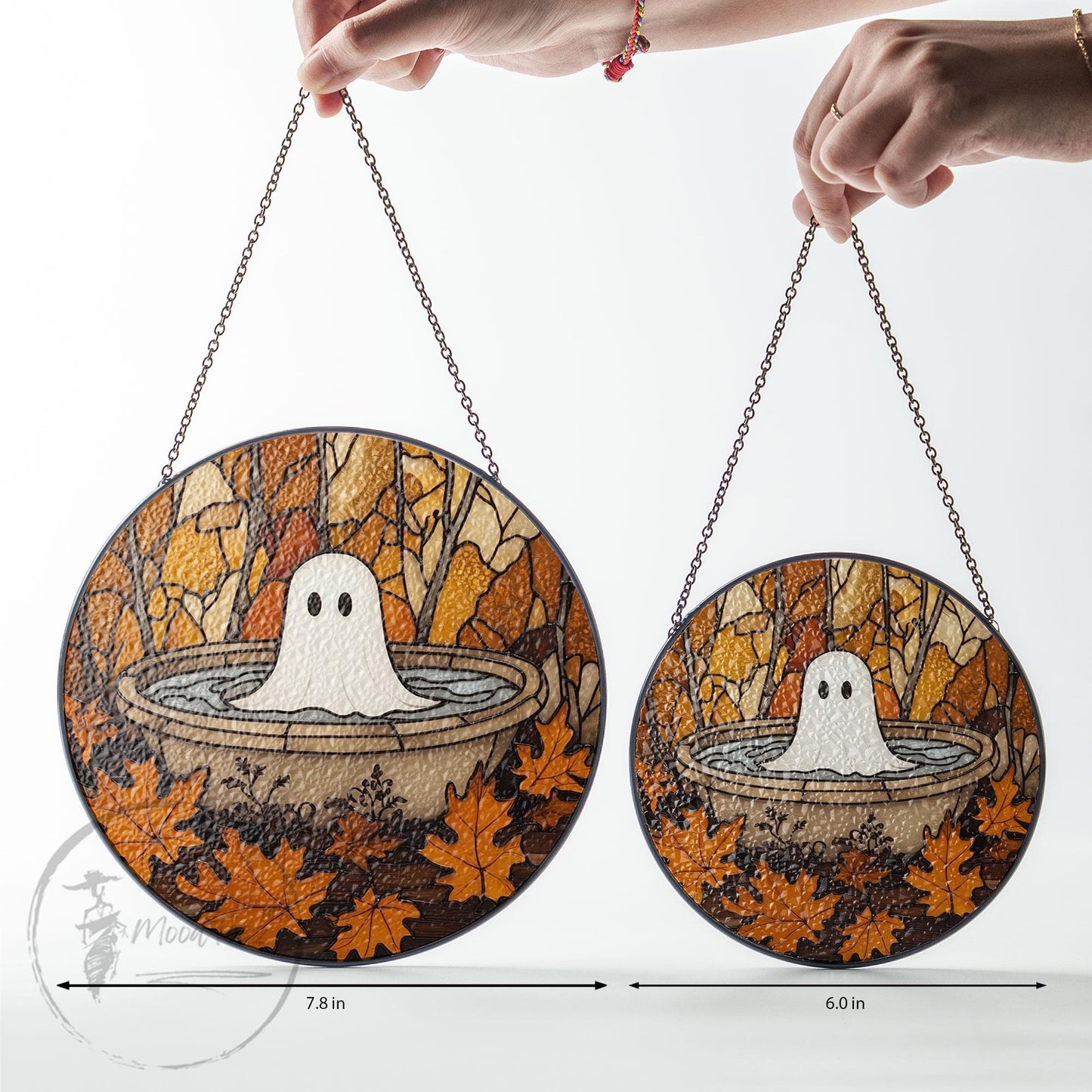 Cute Ghost in Fountain Stained Glass Suncatcher, Round Halloween Window Hanging, Autumn Leaves Fall Decor, Spooky Yet Cozy Gift Idea