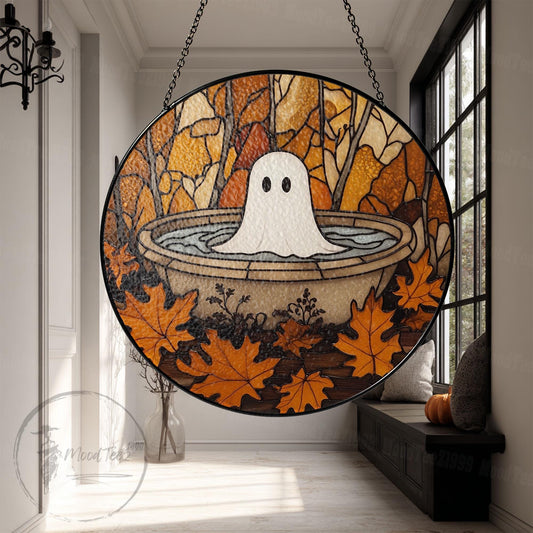 Cute Ghost in Fountain Stained Glass Suncatcher, Round Halloween Window Hanging, Autumn Leaves Fall Decor, Spooky Yet Cozy Gift Idea