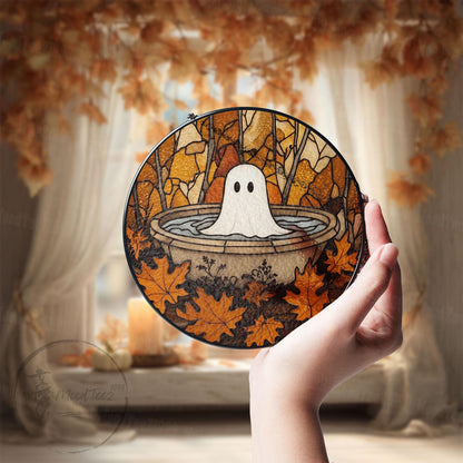 Cute Ghost in Fountain Stained Glass Suncatcher, Round Halloween Window Hanging, Autumn Leaves Fall Decor, Spooky Yet Cozy Gift Idea