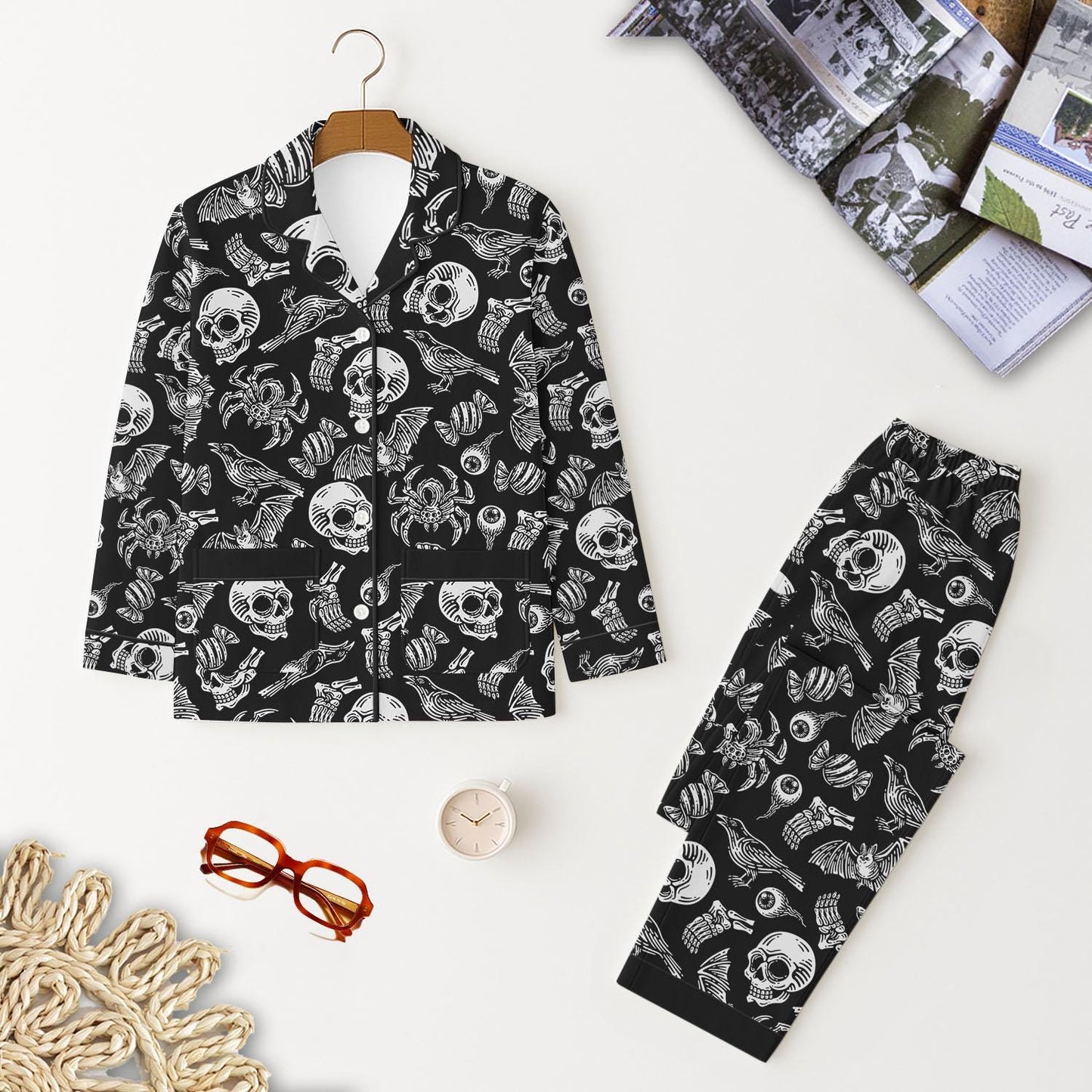 Halloween Pattern Pajama Set, Black Skull Eyeballs Spiders Shirt, Creepy Loungewear, Spooky Season Sleepwear, Halloween Gift