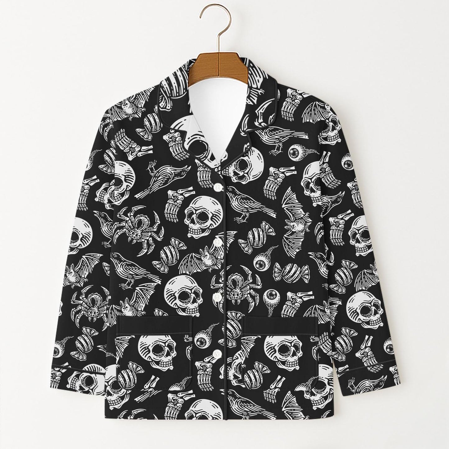 Halloween Pattern Pajama Set, Black Skull Eyeballs Spiders Shirt, Creepy Loungewear, Spooky Season Sleepwear, Halloween Gift