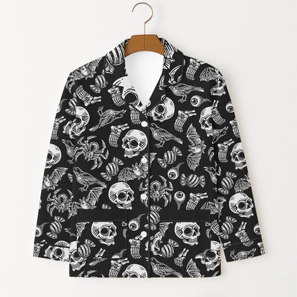 Halloween Pattern Pajama Set, Black Skull Eyeballs Spiders Shirt, Creepy Loungewear, Spooky Season Sleepwear, Halloween Gift