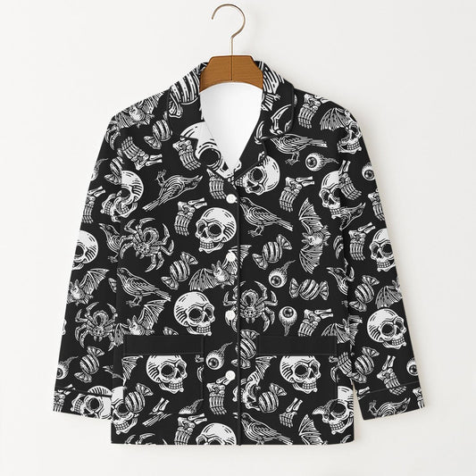 Halloween Pattern Pajama Set, Black Skull Eyeballs Spiders Shirt, Creepy Loungewear, Spooky Season Sleepwear, Halloween Gift