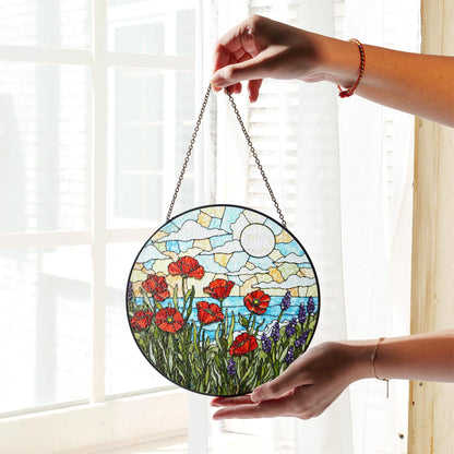 Red poppies lavender field stained glass suncatcher floral decor gift for mom birthday