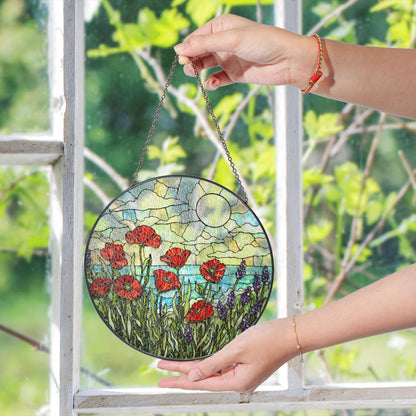 Red poppies lavender field stained glass suncatcher floral decor gift for mom birthday