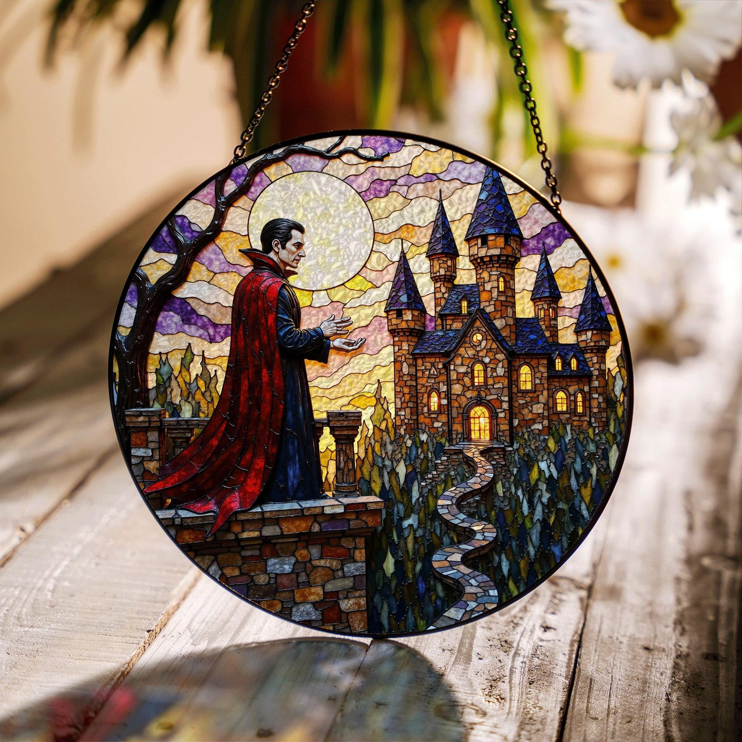 Vampire Castle Stained Glass Suncatcher Gothic Window Decor Halloween Gift for Horror Lovers