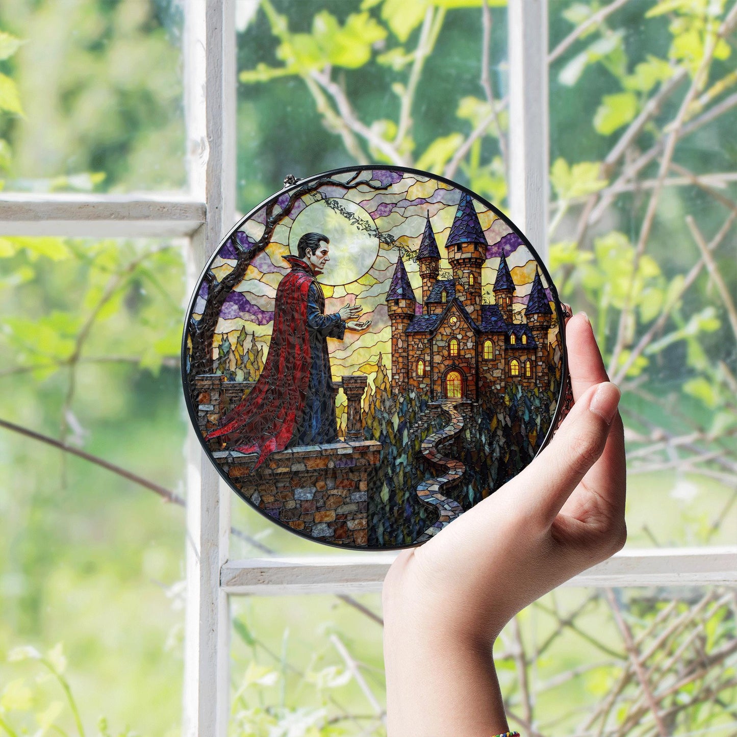 Vampire Castle Stained Glass Suncatcher Gothic Window Decor Halloween Gift for Horror Lovers