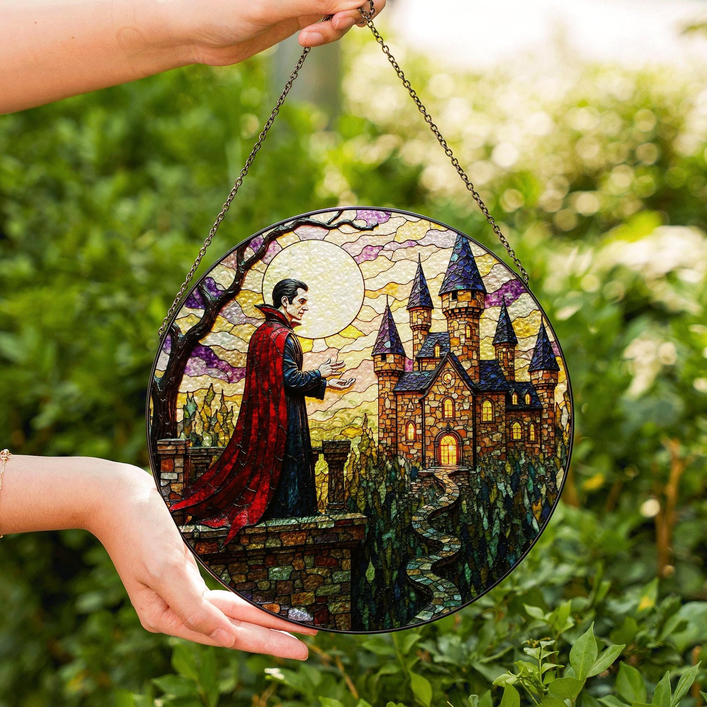 Vampire Castle Stained Glass Suncatcher Gothic Window Decor Halloween Gift for Horror Lovers