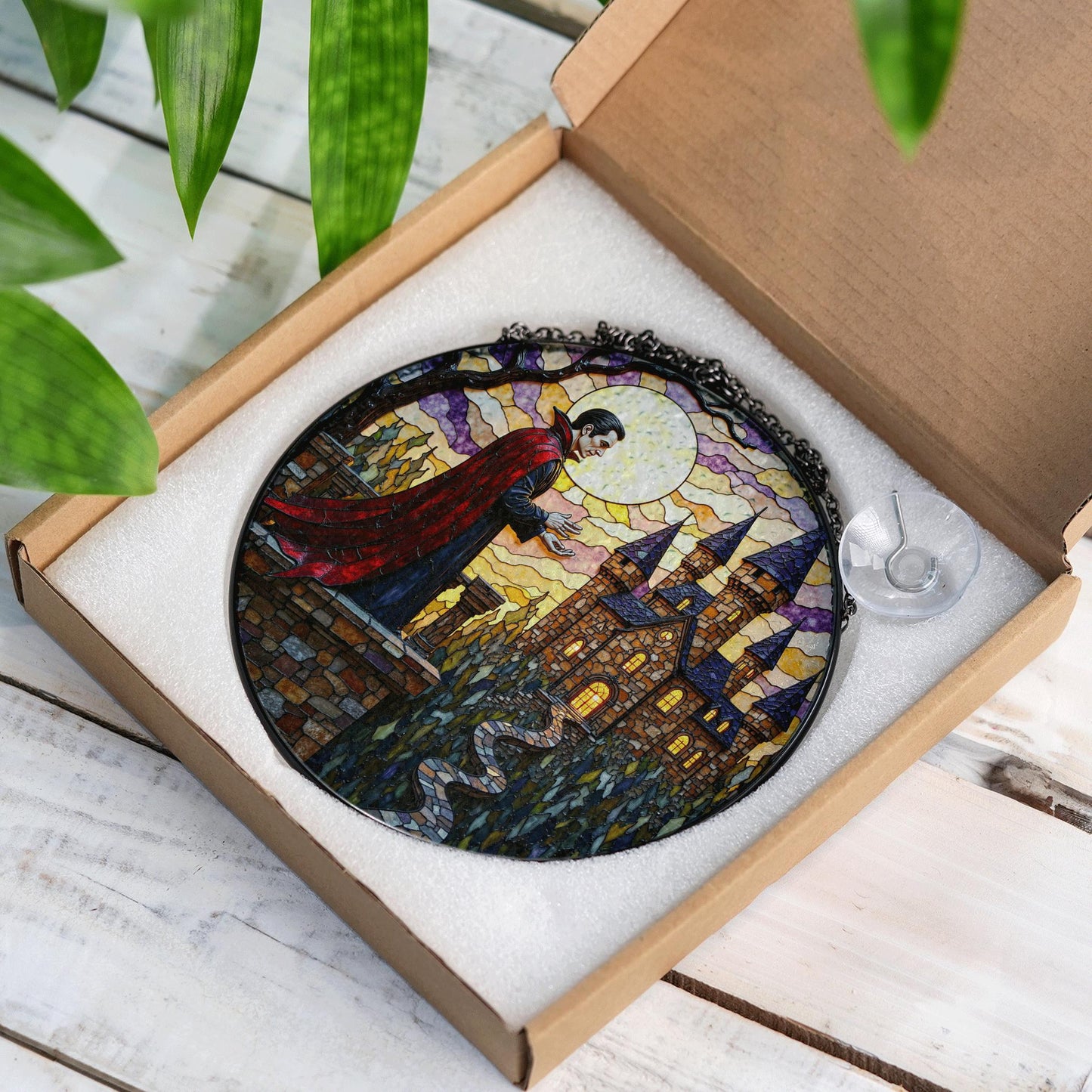 Vampire Castle Stained Glass Suncatcher Gothic Window Decor Halloween Gift for Horror Lovers