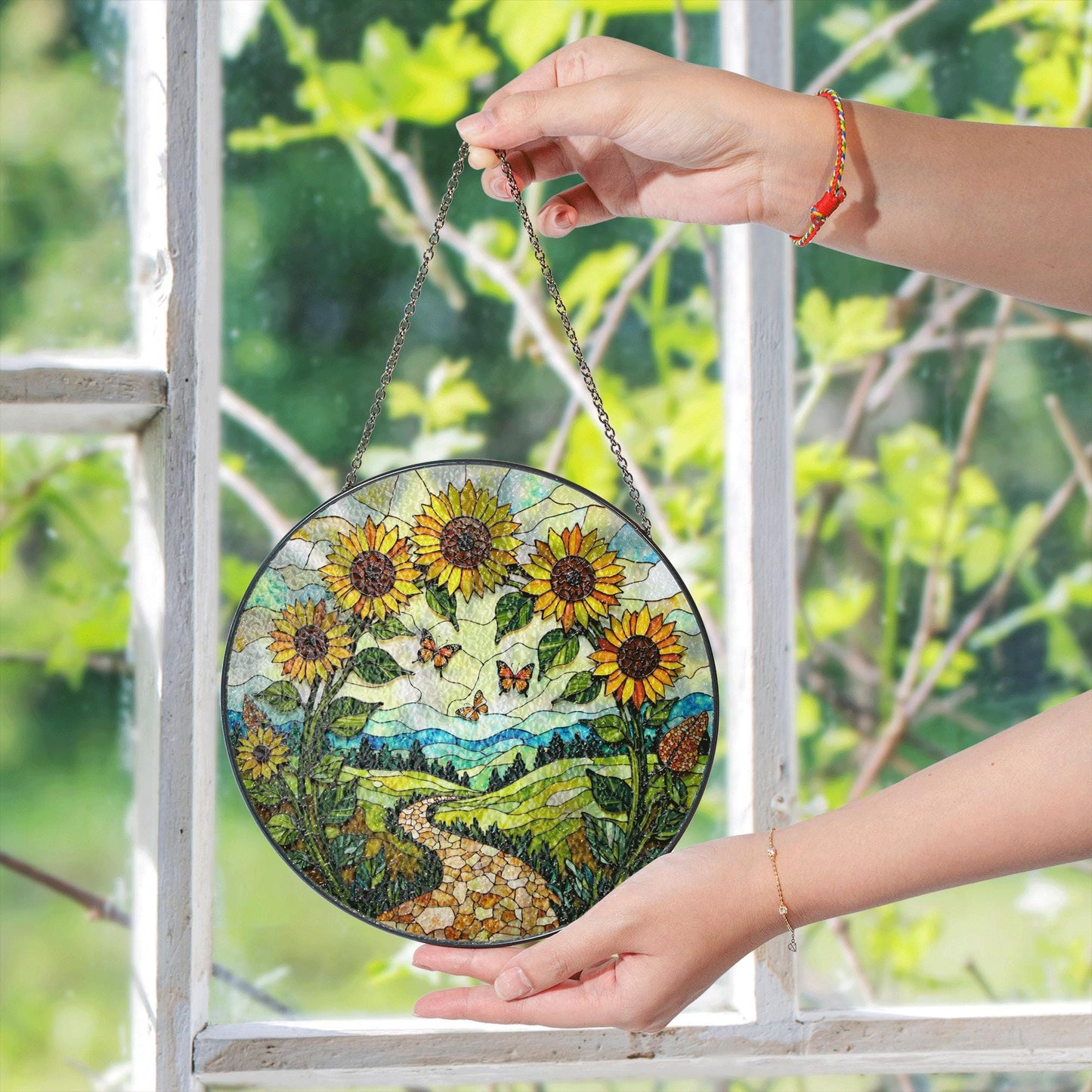 Sunflowers butterflies path stained glass suncatcher nature window decor mothers day gift
