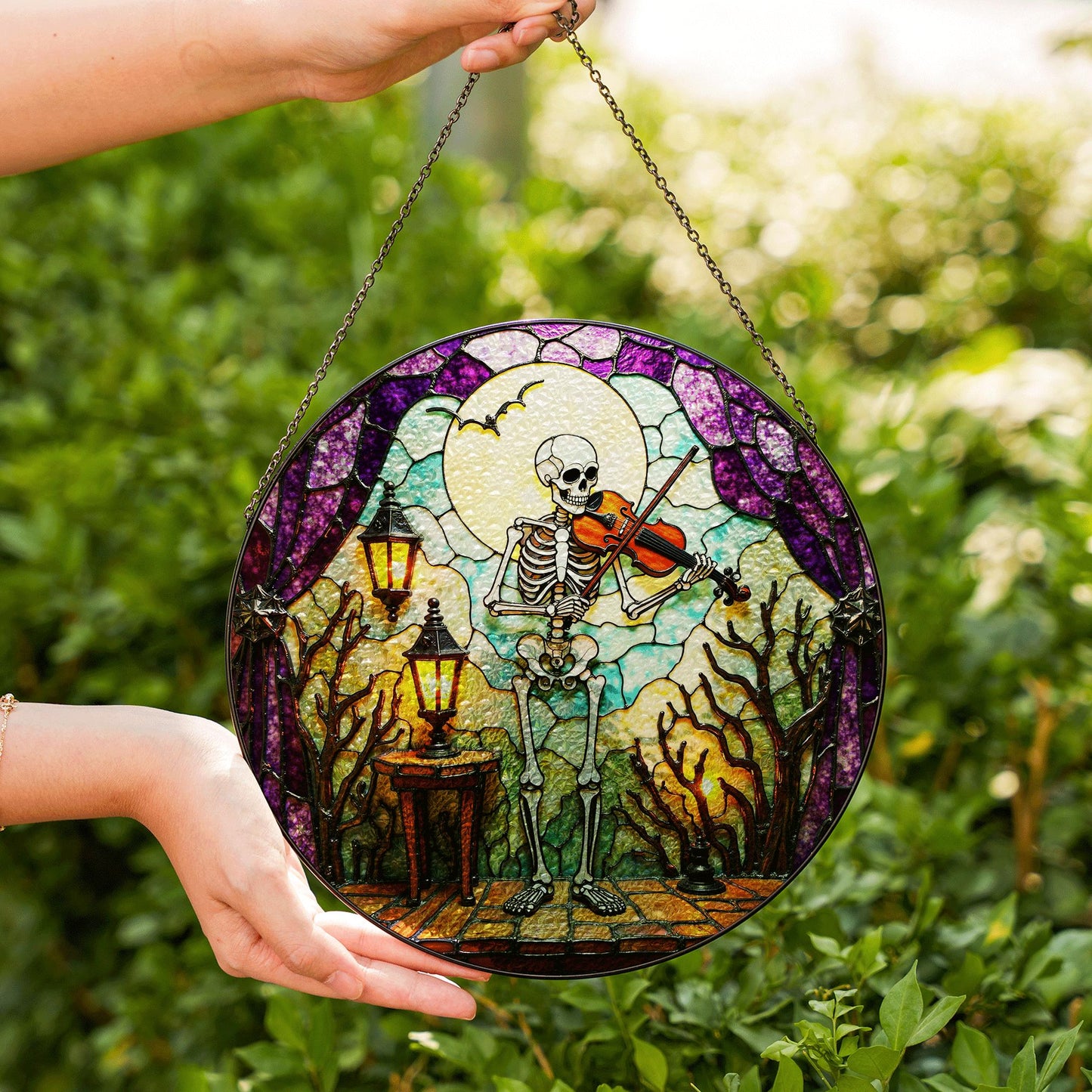 Skeleton Playing Violin Spooky Stained Glass Suncatcher Halloween Gothic Gift